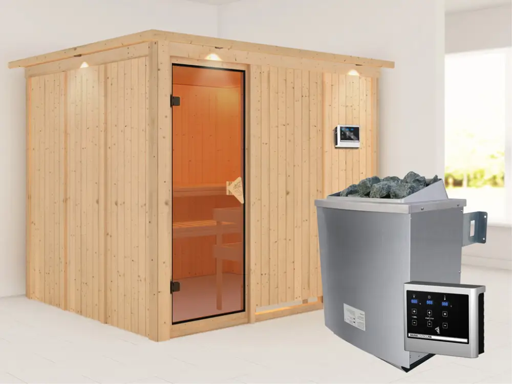 Snelle Levering Systeemsauna Gobin met dakkraag, kompleet transparente gebronsde glazen deur, incl. 9kW saunakachel