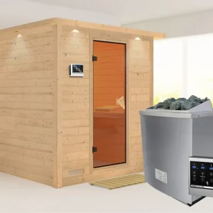 Aanbieding Massieve sauna Mojave met dakkraag, kompleet transparente gebronsde glazen deur, incl. 9kW kachel