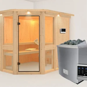 Systeemsauna Amelia 3 met dakkraag, incl. 9 kW saunakachel ext. besturing Exclusieve Aanbieding
