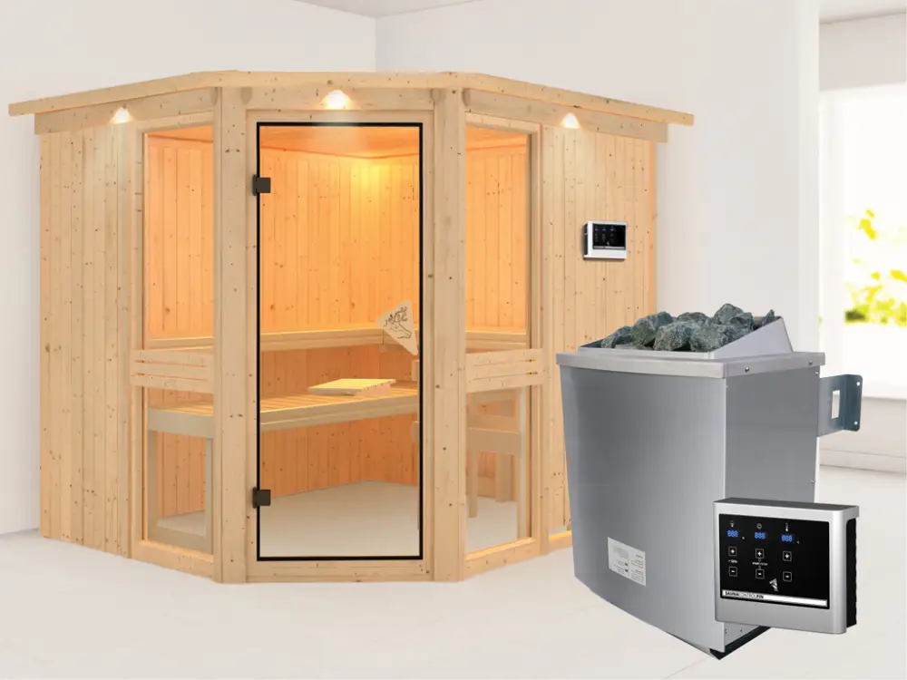 Systeemsauna Amelia 3 met dakkraag, incl. 9 kW saunakachel ext. besturing Exclusieve Aanbieding