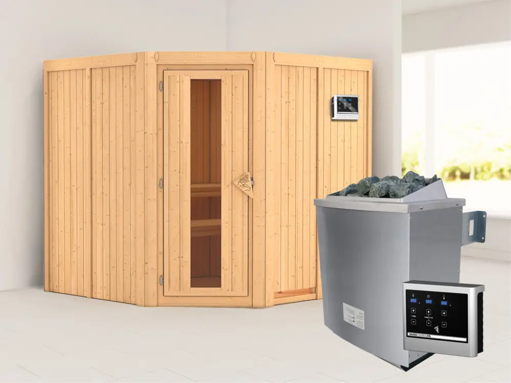 Op = Op Systeemsauna Jarin houten deur met geïsoleerd glas, incl. 9 kW saunakachel ext. besturing