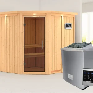 Laatste Versie Systeemsauna Jarin met dakkraag, grafiet glazen deur, incl. 9 kW saunakachel ext. besturing