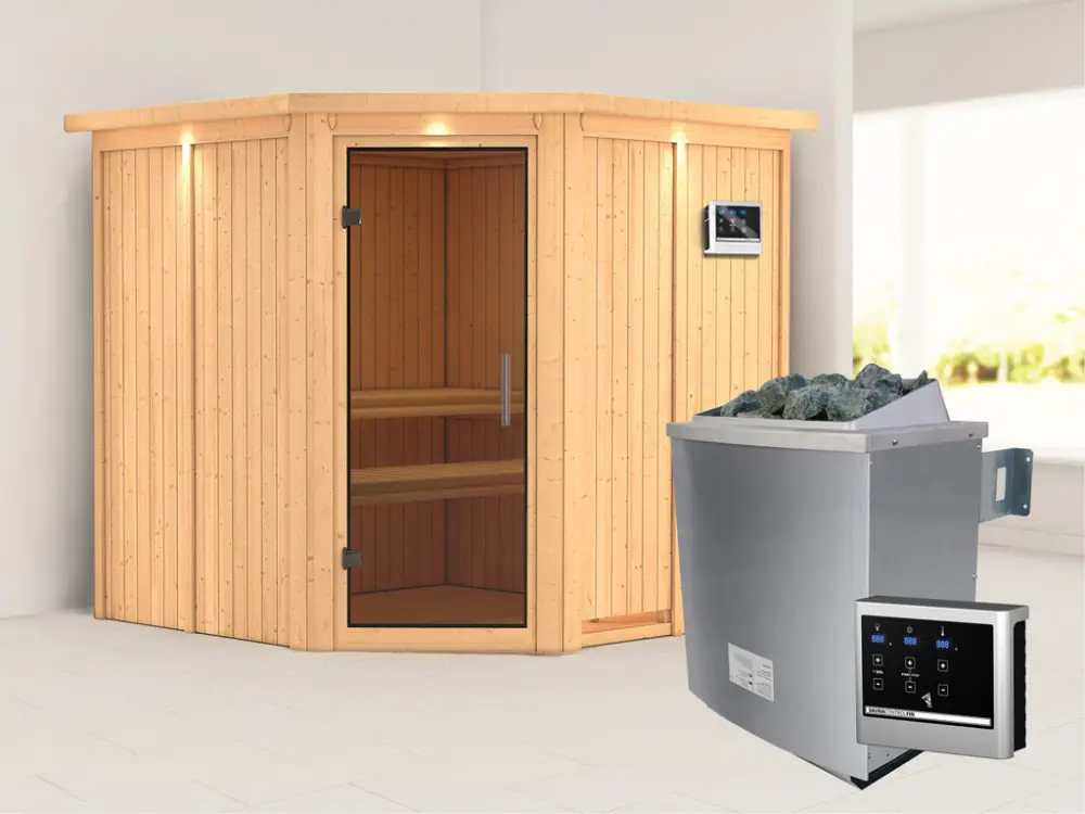 Laatste Versie Systeemsauna Jarin met dakkraag, grafiet glazen deur, incl. 9 kW saunakachel ext. besturing