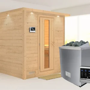 Massieve sauna Mojave met dakkraag, houten deur met geïsoleerd glas, incl. 9kW kachel ext. besturing Exclusieve Aanbieding