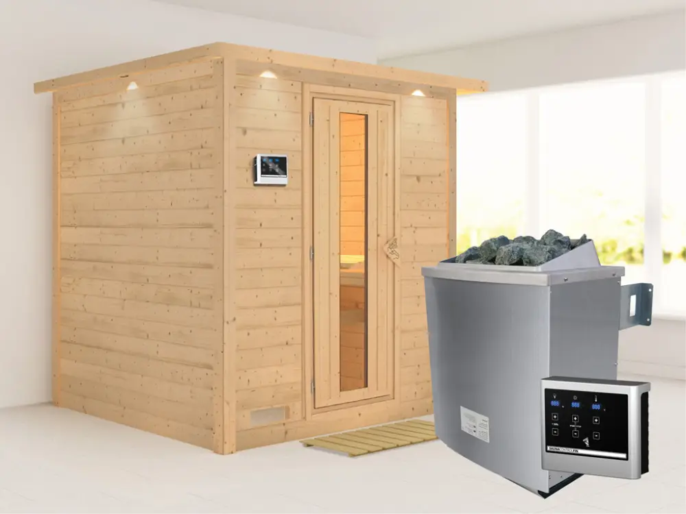 Massieve sauna Mojave met dakkraag, houten deur met geïsoleerd glas, incl. 9kW kachel ext. besturing Exclusieve Aanbieding
