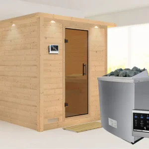 Premium Massieve sauna Mojave met dakkraag, grafiet glazen deur, incl. 9 kW kachel ext. besturing
