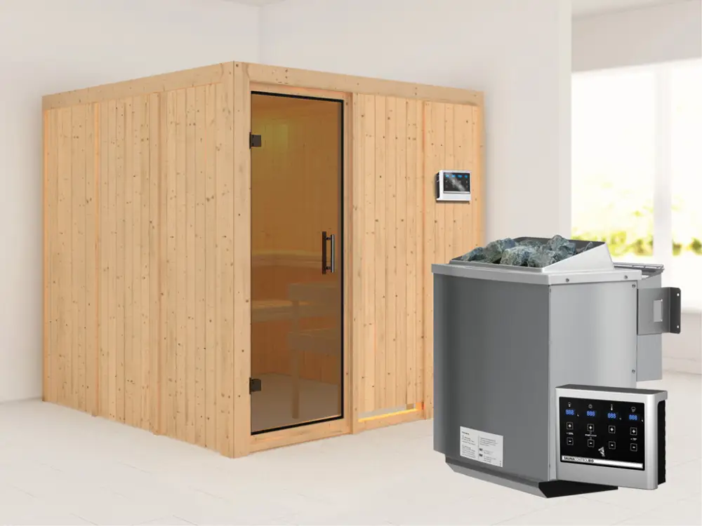 Systeemsauna Rodin grafiet glazen deur, incl. 9 kW Bio-Combi-kachel ext. besturing Weekendaanbieding