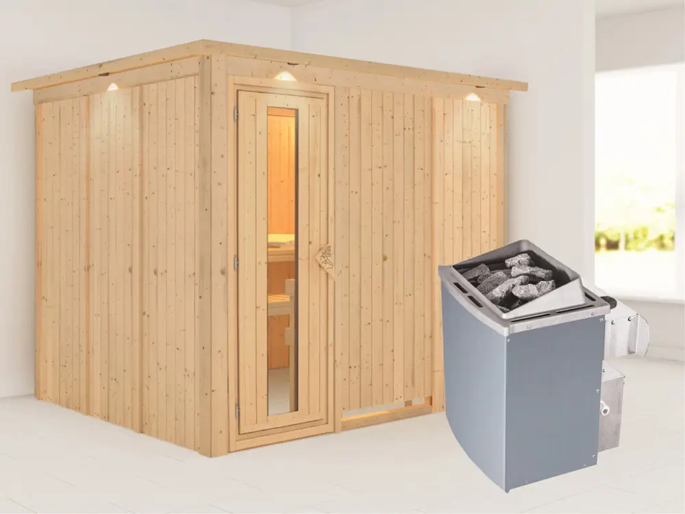 Betaalbaar Systeemsauna Gobin met dakkraag houten deur met geïsoleerd glas incl. 9kW saunakachel int. besturing