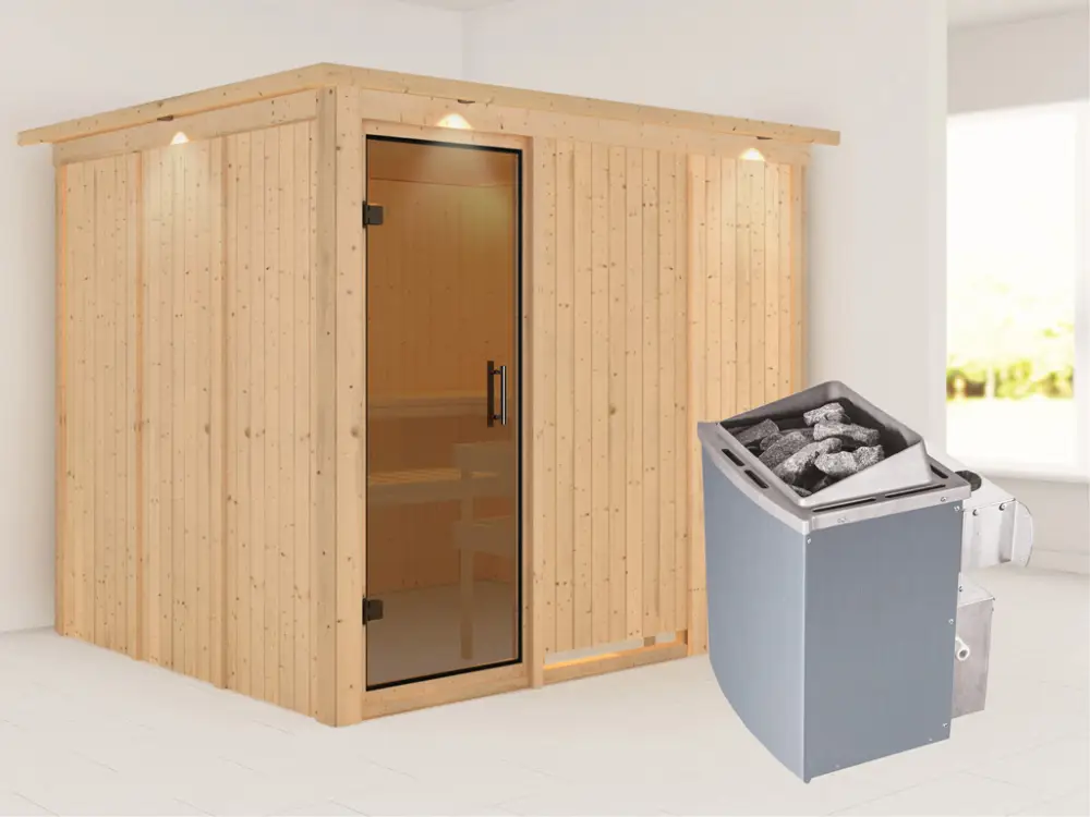 Systeemsauna Gobin met dakkraag, grafiet glazen deur, incl. 9 kW saunakachel int. besturing Hete Deal