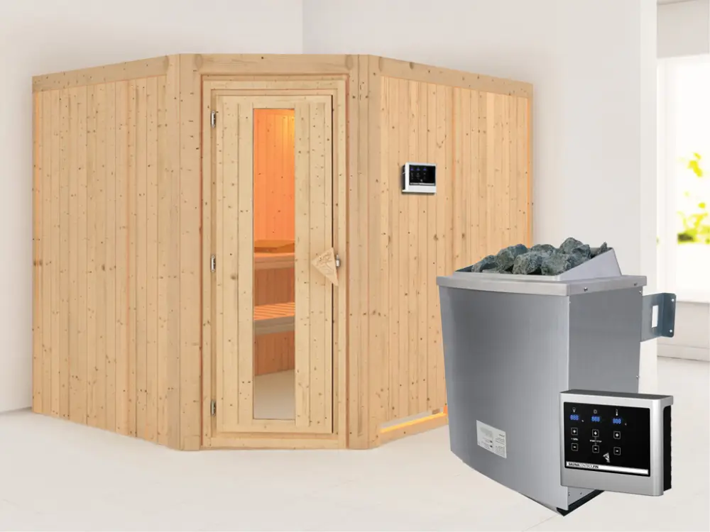Koop Vandaag Systeemsauna Malin houten deur met geïsoleerd glas, incl. 9 kW saunakachel ext. besturing