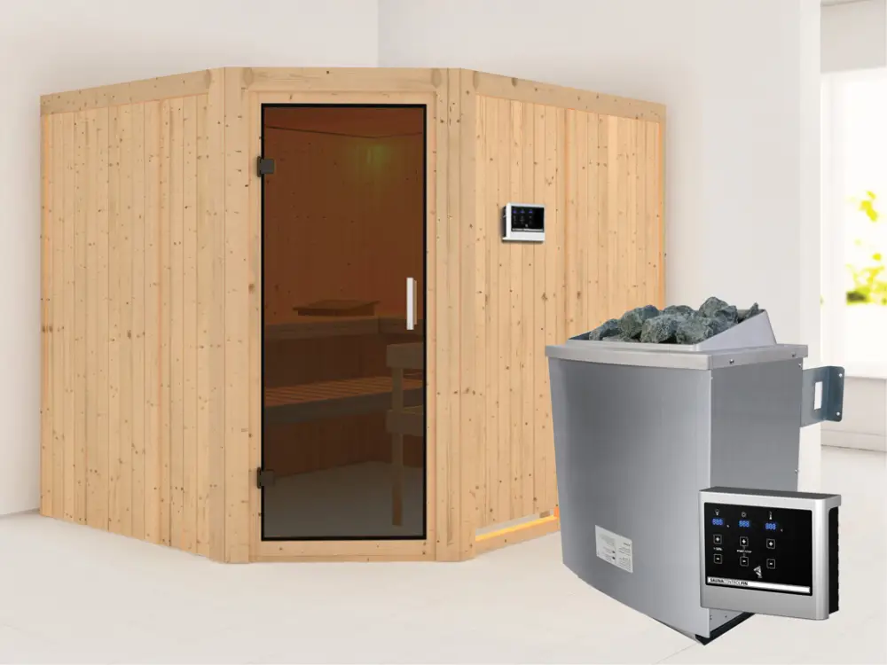 Must-Have Systeemsauna Malin grafiet glazen deur, incl. 9 kW saunakachel ext. besturing