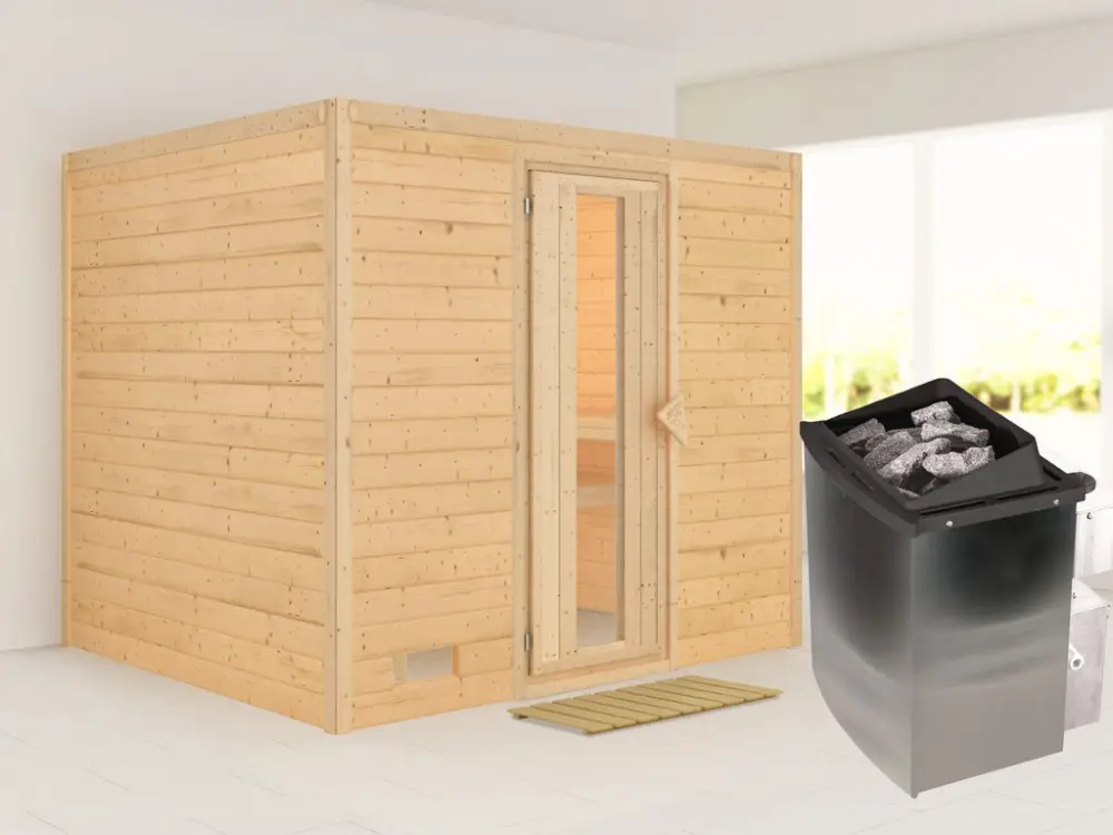 Massieve sauna Sonara houten deur met geïsoleerd glas, incl. 9 kW saunakachel int. besturing Lage Kosten