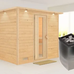 Massieve sauna Sonara met dakkraag, houten deur met geïsoleerd glas, incl. 9kW kachel int. besturing Betaalbaar