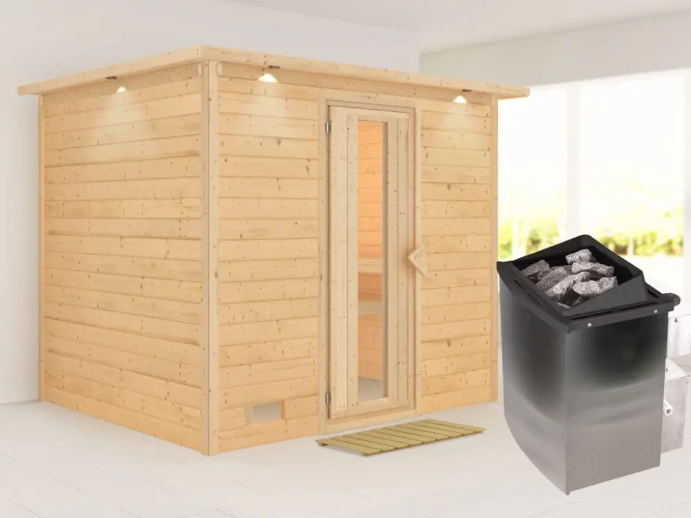 Massieve sauna Sonara met dakkraag, houten deur met geïsoleerd glas, incl. 9kW kachel int. besturing Betaalbaar