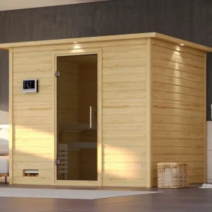 Superprijs Massieve sauna Sonara met dakkraag, grafiet glazen deur, incl. 9 kW saunakachel int. besturing