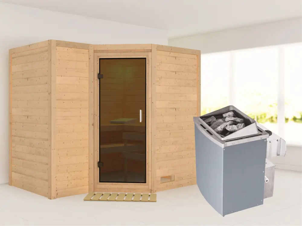 Lage Kosten Massieve sauna Sahib 2 grafiet glazen deur, incl. 9 kW saunakachel int. besturing