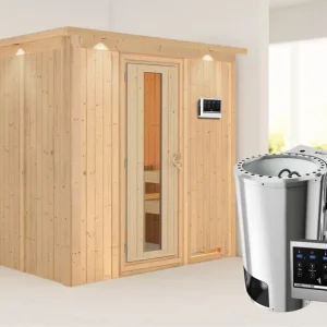 Systeemsauna Daria met dakkraag, energiebesparende deur, Plug & Play Bio-kachel met ext. besturing Goedkoop