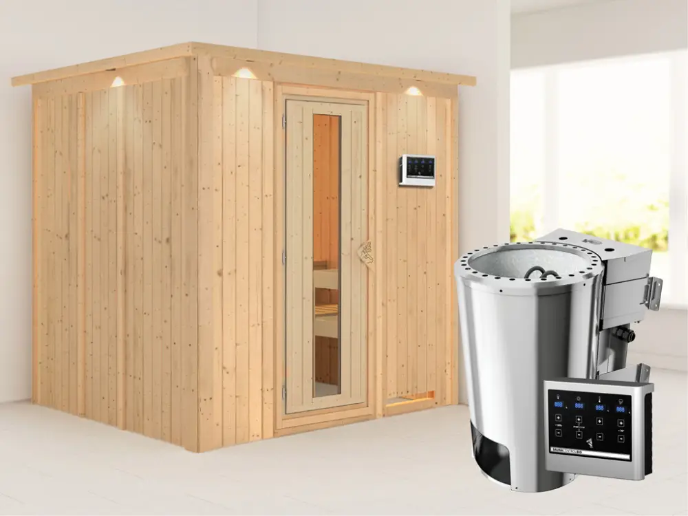 Systeemsauna Daria met dakkraag, energiebesparende deur, Plug & Play Bio-kachel met ext. besturing Goedkoop