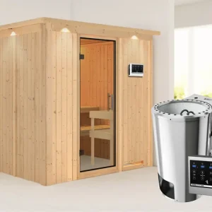 Koop Vandaag Systeemsauna Daria met dakkraag, transparent glazen deur + Plug & Play Bio-kachel met ext. besturing
