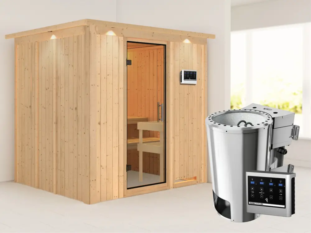 Koop Vandaag Systeemsauna Daria met dakkraag, transparent glazen deur + Plug & Play Bio-kachel met ext. besturing