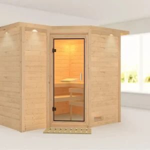 Massieve sauna Sahib 2 met dakkraag, transparent glazen deur Favoriet
