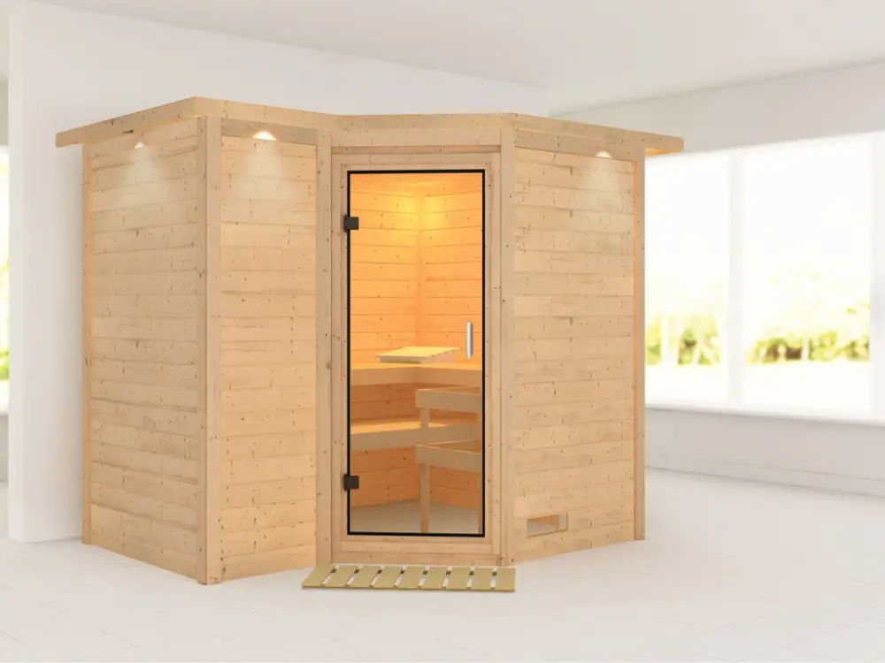 Massieve sauna Sahib 2 met dakkraag, transparent glazen deur Favoriet