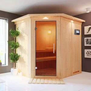 Systeemsauna Lilja met dakkraag, grafiet glazen deur + Plug & Play Bio-kachel met ext. besturing Beste Prijs
