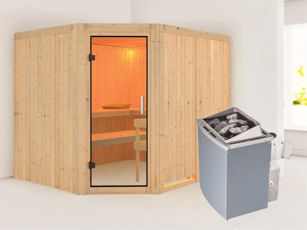 Korting Systeemsauna Malin transparent glazen deur + 9 kW saunakachel met besturing