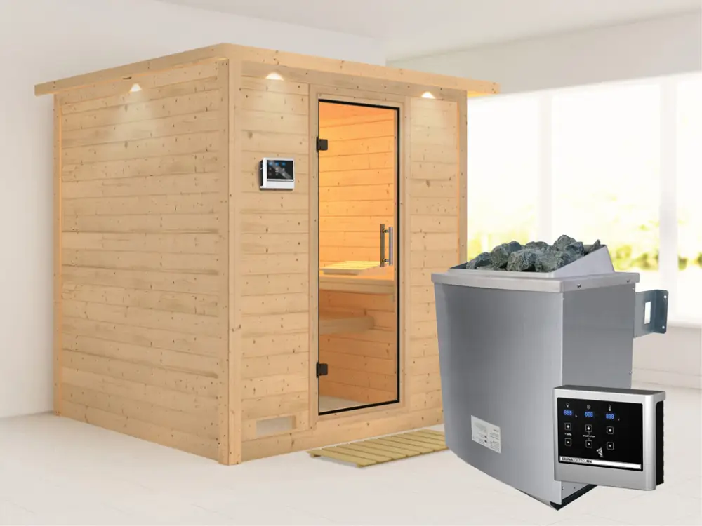 Massieve sauna Mojave met dakkraag, transparent glazen deur + 9 kW saunakachel met ext.besturing Bestseller