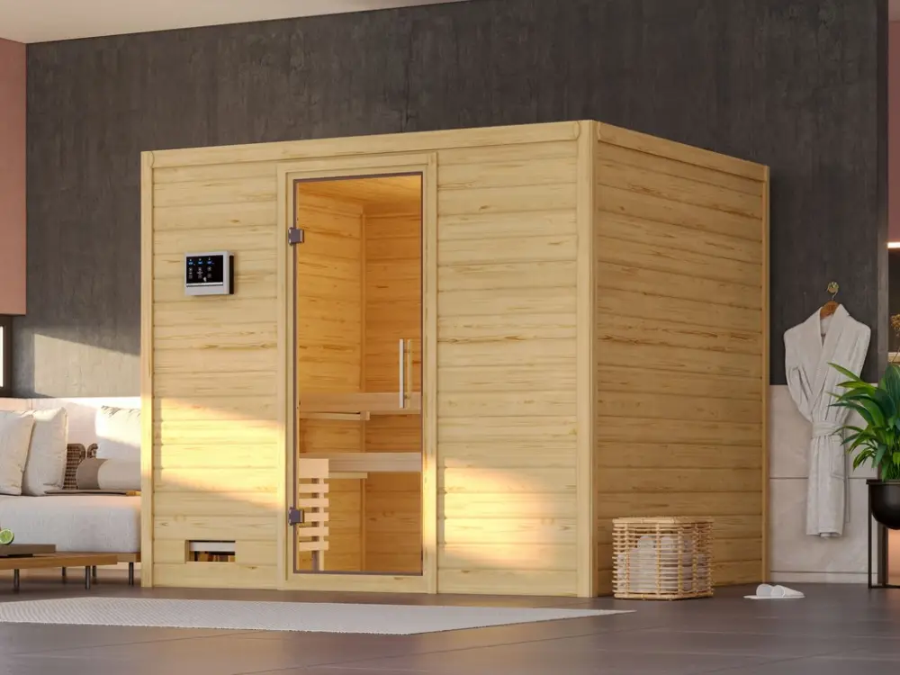 Gereduceerde Prijs Massieve sauna Sonara transparent glazen deur + 9 kW saunakachel met besturing