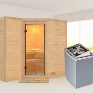 Bestel Nu Massieve sauna Sahib 2 transparent glazen deur + 9 kW saunakachel met besturing