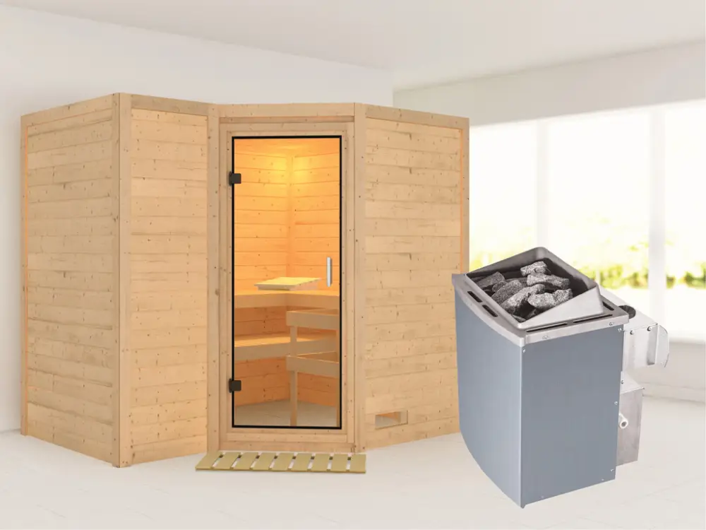 Bestel Nu Massieve sauna Sahib 2 transparent glazen deur + 9 kW saunakachel met besturing