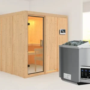 Korting Systeemsauna Rodin transparent glazen deur + 9 kW Bio-Combi-kachel met ext. besturing