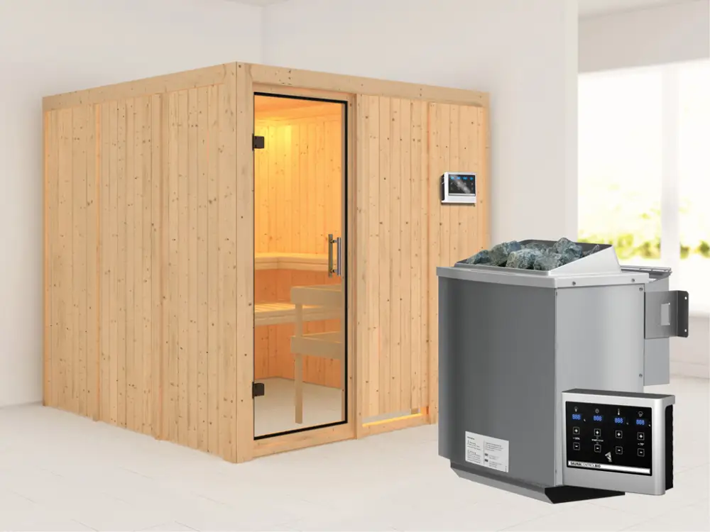 Korting Systeemsauna Rodin transparent glazen deur + 9 kW Bio-Combi-kachel met ext. besturing