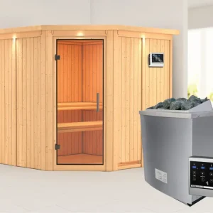 Weekendaanbieding Systeemsauna Jarin met dakkraag, transparent glazen deur + 9 kW saunakachel met ext. besturing