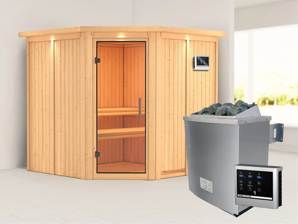 Weekendaanbieding Systeemsauna Jarin met dakkraag, transparent glazen deur + 9 kW saunakachel met ext. besturing