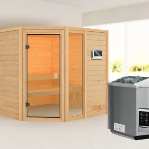 Sauna Tabea met gebronsde glazen deur + 9 kW Bio-Combi-kachel ext. besturing Nieuw