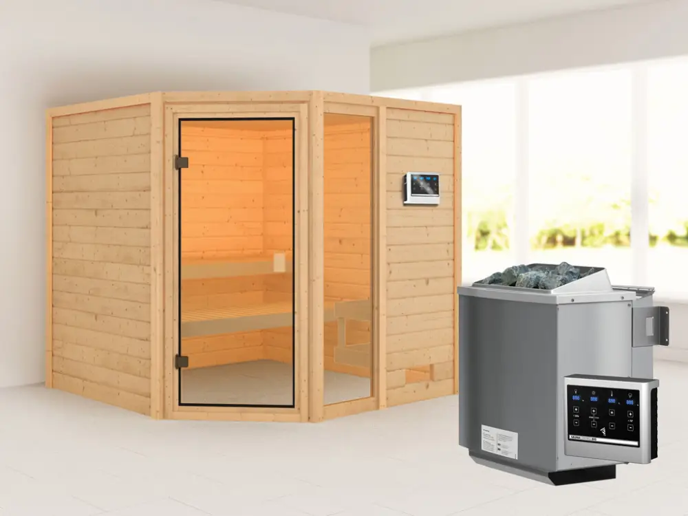 Sauna Tabea met gebronsde glazen deur + 9 kW Bio-Combi-kachel ext. besturing Nieuw
