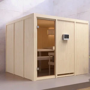 Aanbieding Sauna Arvika met gebronsde glazen deur + 9 kW saunakachel ext. besturing