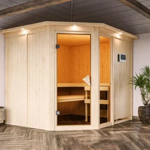 Weekendaanbieding Systeemsauna Fiona 3 met dakkraag, incl. 9 kW Bio-Combi-kachel ext. besturing