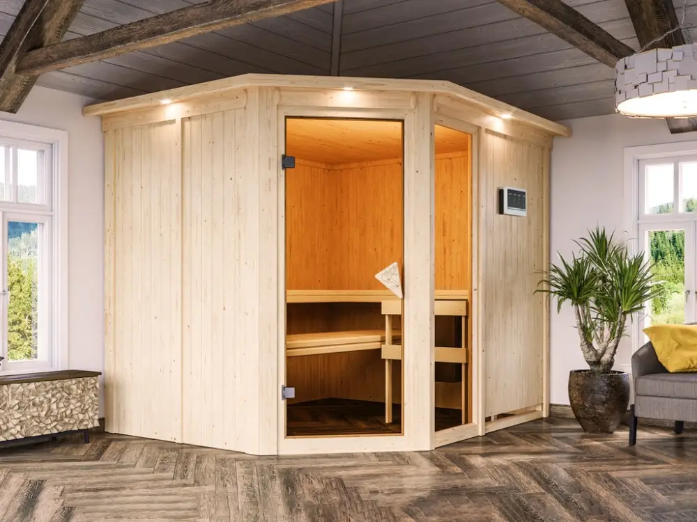 Weekendaanbieding Systeemsauna Fiona 3 met dakkraag, incl. 9 kW Bio-Combi-kachel ext. besturing