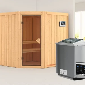 Lage Prijs Systeemsauna Jarin kompleet transparente gebronsde glazen deur, incl. 9kW Bio-Combi-kachel