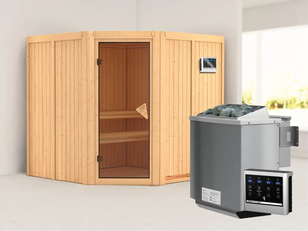 Lage Prijs Systeemsauna Jarin kompleet transparente gebronsde glazen deur, incl. 9kW Bio-Combi-kachel