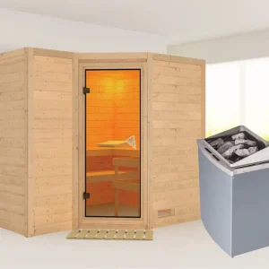Bestel Nu Massieve sauna Sahib 2 kompleet transparente gebronsde glazen deur, incl. 9 kW kachel int. besturing