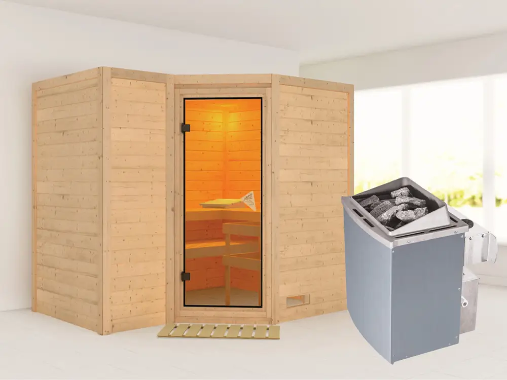 Bestel Nu Massieve sauna Sahib 2 kompleet transparente gebronsde glazen deur, incl. 9 kW kachel int. besturing