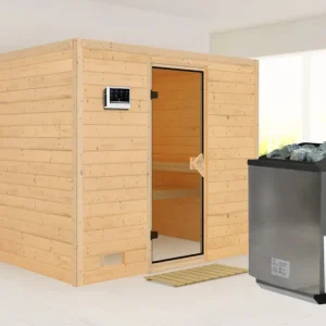 Goedkoop Massieve sauna Sonara kompleet transparente gebronsde glazen deur incl.9kW Bio-kachel ext. besturing
