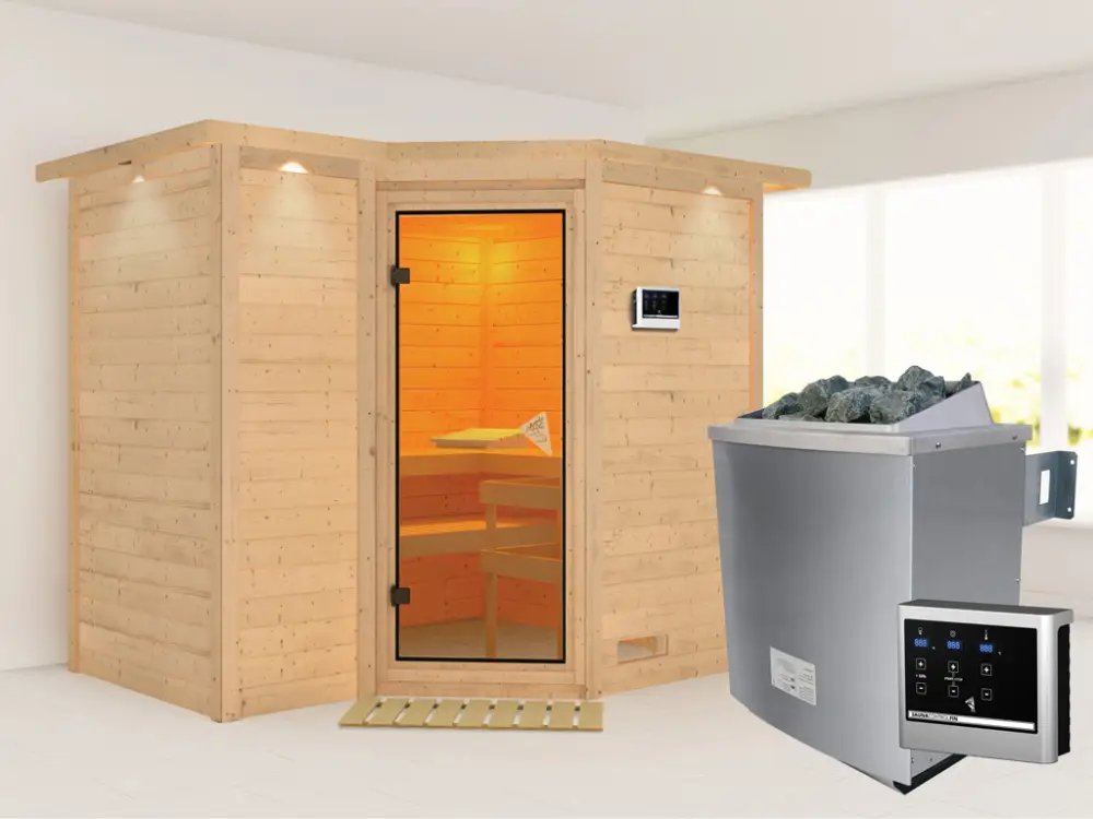 Massieve sauna Sahib 2 met dakkraag, kompleet transparente gebronsde glazen deur, incl. 9kW kachel Bestel Nu