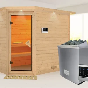Koop Vandaag Massieve sauna Tanami met dakkraag, incl. 9 kW saunakachel ext. besturing