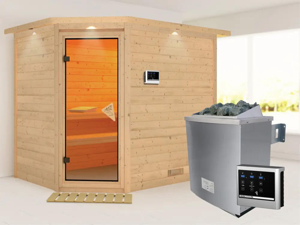 Koop Vandaag Massieve sauna Tanami met dakkraag, incl. 9 kW saunakachel ext. besturing