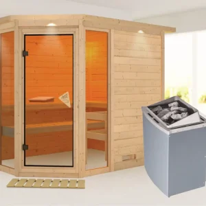 Massieve sauna Sinai 3 met dakkraag, incl. 9 kW saunakachel int. besturing Bestseller